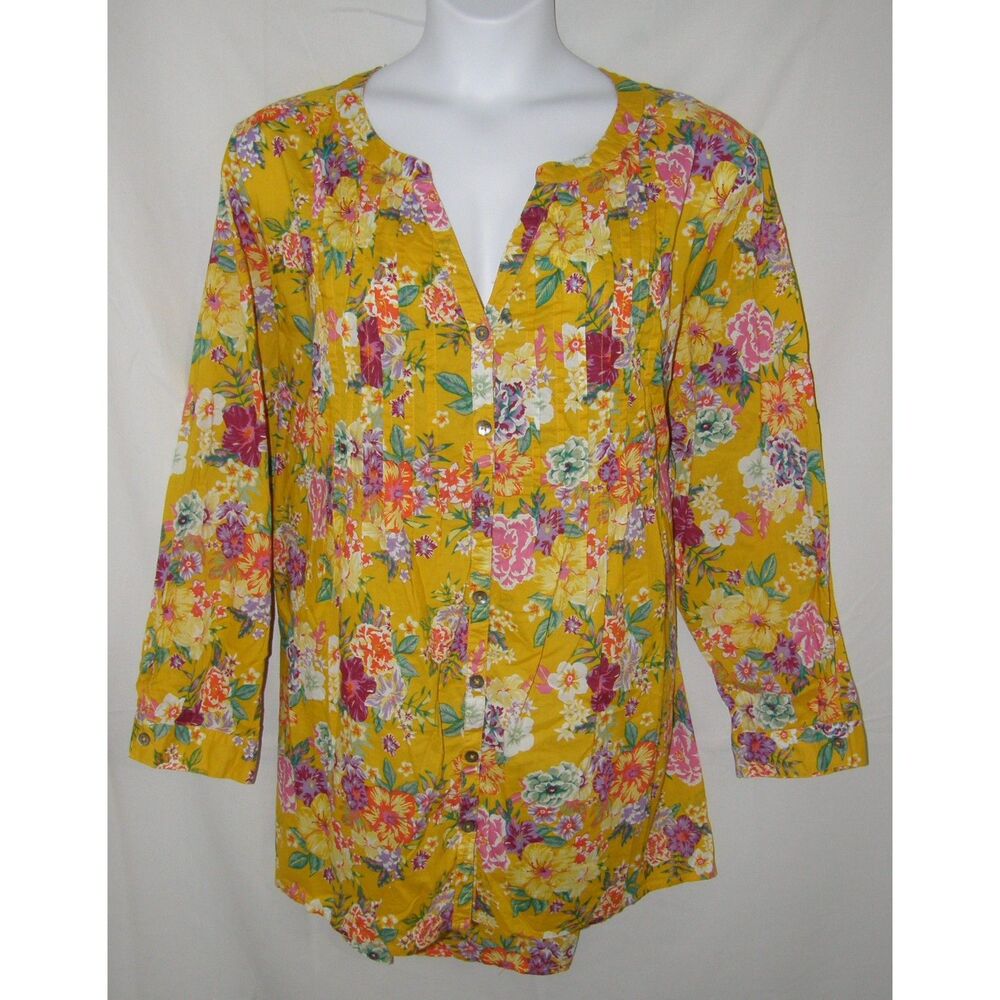 Golden Yellow Floral Plus Sz 28 Cotton Pintucked Button Up Tunic Shirt ROAMAN'S